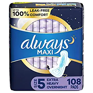 Always Maxi Feminine Pads With Wings For Women, Size 5, Extra Heavy Overnight, Unscented, 36 Count – Pack Of 3 (108 Count Total)