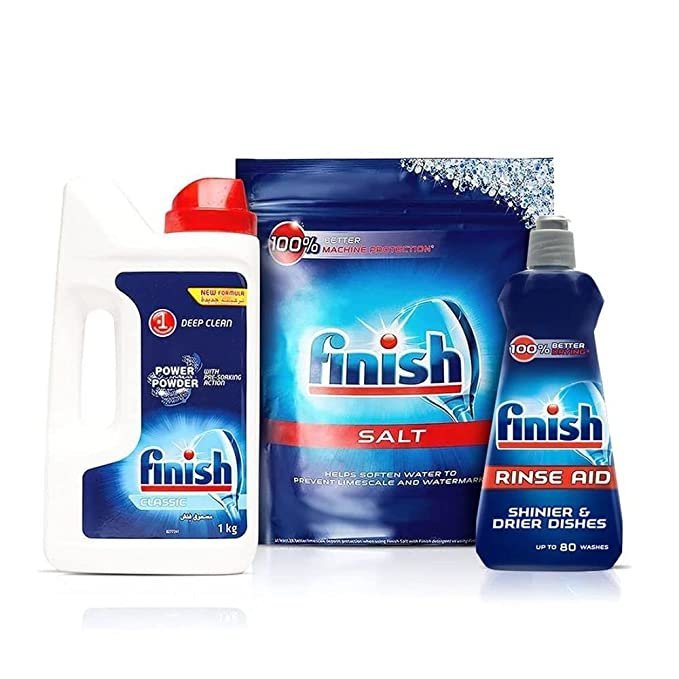 Finish Dishwasher Rinse Aid Liquid, Shine & Dry – 400ml + Dishwasher Salt – 2Kg + Dishwasher Detergent Powder- 1Kg | Recommended By Most Dishwasher Brands