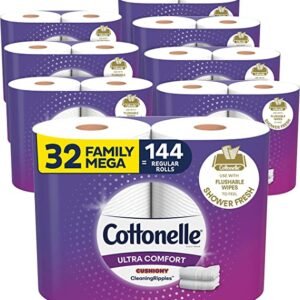 Cottonelle Ultra Comfort Toilet Paper with Cushiony CleaningRipples Texture, 32 Family Mega Rolls (32 Family Mega Rolls = 144 Regular Rolls) (8 Packs of 4 Rolls) 325 Sheets per Roll
