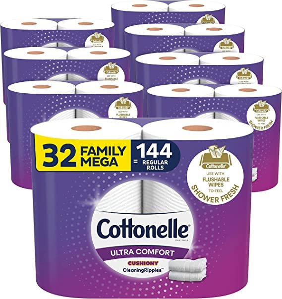 Cottonelle Ultra Comfort Toilet Paper with Cushiony CleaningRipples Texture, 32 Family Mega Rolls (32 Family Mega Rolls = 144 Regular Rolls) (8 Packs of 4 Rolls) 325 Sheets per Roll