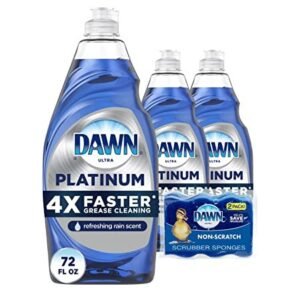 Dawn Platinum Dishwashing Liquid Dish Soap – 24 Fl Oz (Pack Of 3) + Non-Scratch Sponge (2 Count), Refreshing Rain