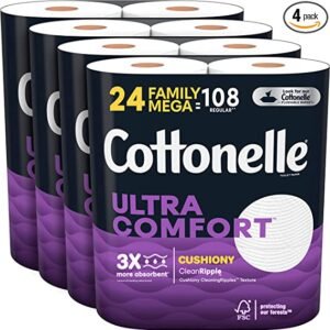 Cottonelle Ultra Comfort Toilet Paper with Cushiony CleaningRipples Texture, 24 Family Mega Rolls (24 Family Mega Rolls = 108 Regular Rolls) (4 Packs of 6), 325 Sheets per Roll, Packaging May Vary