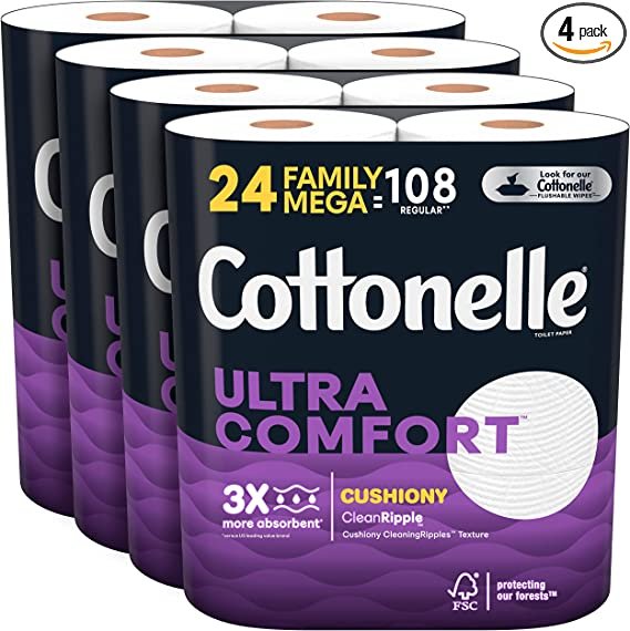 Cottonelle Ultra Comfort Toilet Paper with Cushiony CleaningRipples Texture, 24 Family Mega Rolls (24 Family Mega Rolls = 108 Regular Rolls) (4 Packs of 6), 325 Sheets per Roll, Packaging May Vary