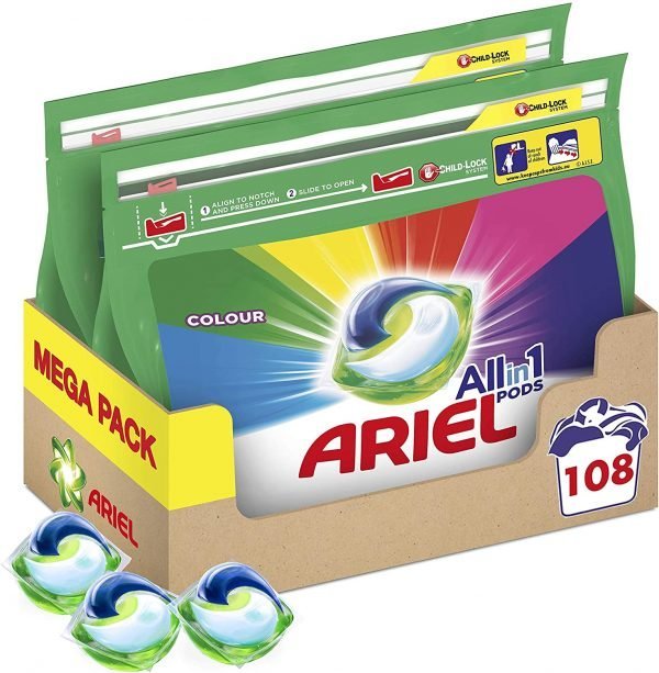 Ariel Pods All-in-One Colour Washing Liquid Laundry Detergent Tablets/Capsules, 108 Washes (54 x 2)