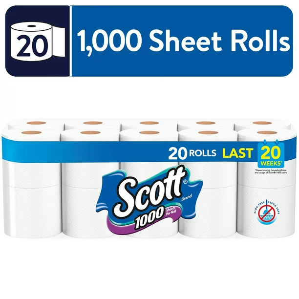 Scott 1,000 Toilet Paper, 20 Rolls, 1,000 Sheets Per Roll