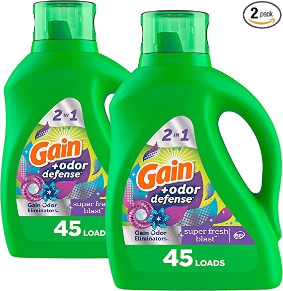 Gain + Odor Defense Laundry Detergent Liquid Soap, 2-Pack, Super Fresh Blast Scent, 65 Fl Oz Each
