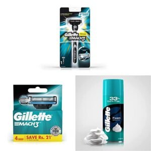 Gillette Mach3 Razor – 1 Count And Gillette Mach 3 Manual Shaving Razor Blades – 4s Pack (Cartridge) Combo Pack And Gillette Sensitive Skin Shave…