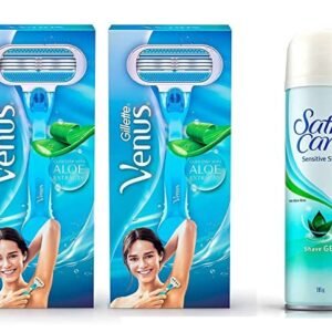 Gillette Razor Venus Hair Removal Razor For Women 2 Units With Gillette Satin Care Sensitive Skin Pre Shave Gel With Aloe Vera – 195 G